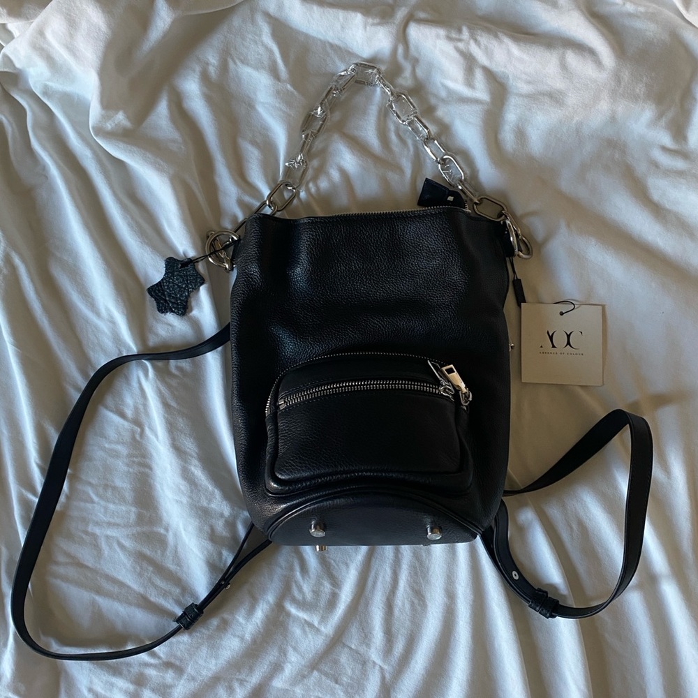 ‘AOC’ NWT black leather backpack with silver chain & zipper closures